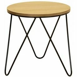 Charles Bentley Round Wood & Metal Hairpin Industrial Bed Side Table