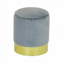 Charles Bentley Round Velvet Storage Pouffe/Ottoman With Gold Base Grey