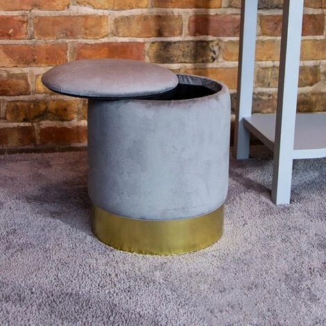 Charles Bentley Round Velvet Storage Pouffe/Ottoman with Gold Base Grey Charles Bentley Round Velvet Storage Pouffe/Ottoman With Gold Base Grey -CHARLES BENTLEY Shop 16593887 3