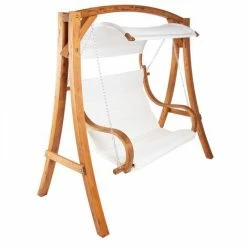 CHARLES BENTLEY 2-3 Seater Larch Wooden Garden Outdoor Swing Seat Hammock Cream Canopy 1.9M