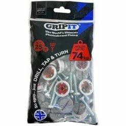 CHARLES BENTLEY Gripit 18mm Plasterboard Fixing - 25 Pack (Red) Stud Wall Anchor Max Load 74kg