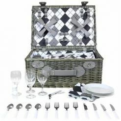 Charles Bentley Grey Wicker Picnic Basket Hamper Set Checkered Lining