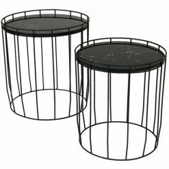 Charles Bentley Marble Effect Cage Side Table Set Black Basket Coffee Nesting