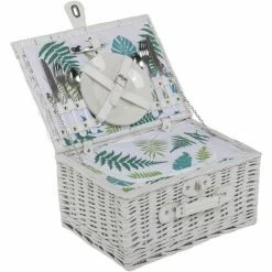 Charles Bentley 2 Person Wicker Picnic Basket White Leaf Print Hamper Plates