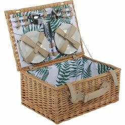Charles Bentley 4 Person Wicker Picnic Basket Leaf Print Hamper Plates Glasses