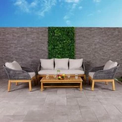 Charles Bentley FSC Acacia Wood And Rope Lounge Set With Grey Cushions