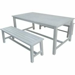 Charles Bentley FSC Acacia White Washed Wooden Bench Dining Set - 4-6 Seater Set