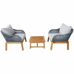 Charles Bentley FSC Acacia Wood And Rope Bistro Set 2 Chairs And Coffee Table