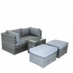 Charles Bentley 2/3 Seater Multi-Use Rattan Lounge Set Love Seat Footstool Grey